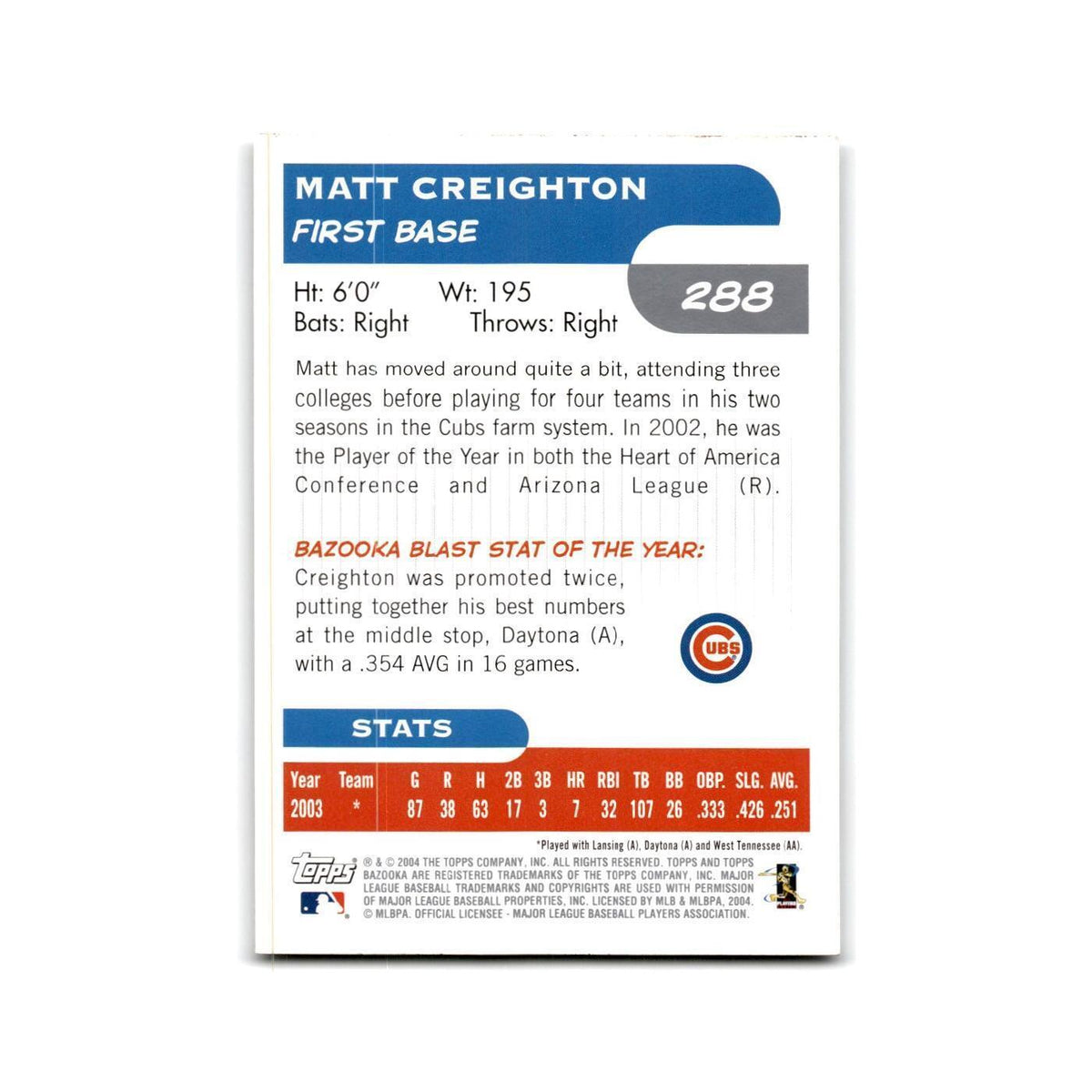 2004 Bazooka Matt Creighton RC Cubs #288