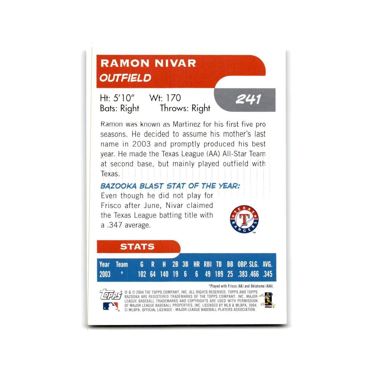 2004 Bazooka Ramon Nivar Rangers #241
