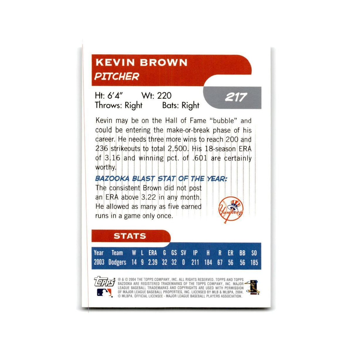 2004 Bazooka Kevin Brown Yankees #217