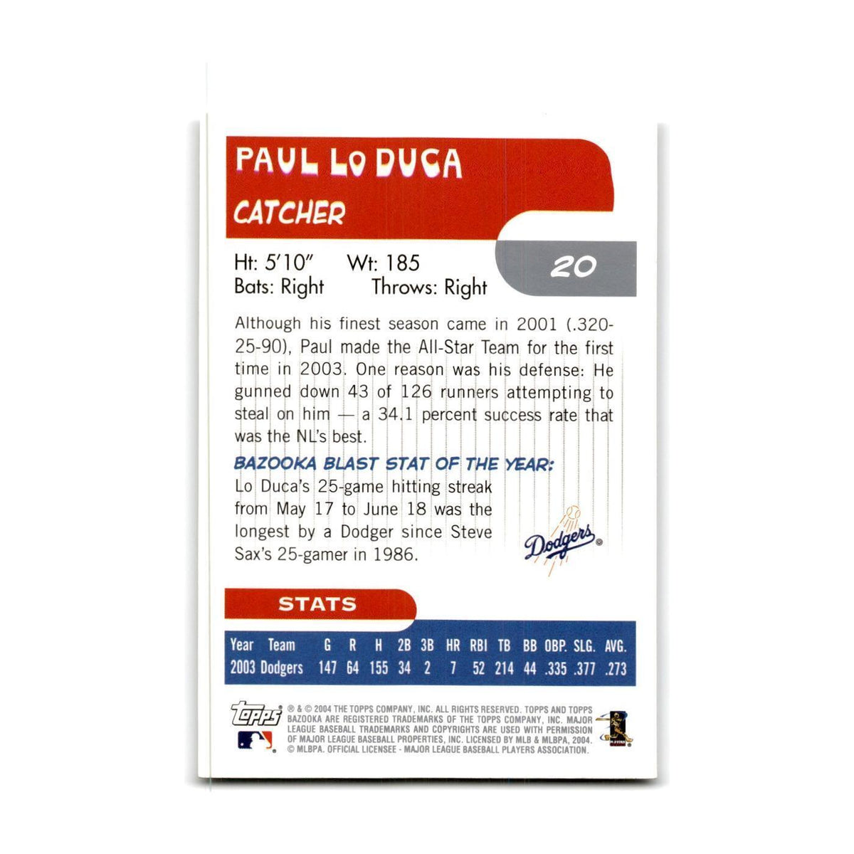 2004 Bazooka Paul Lo Duca Los Texas Rangers #20
