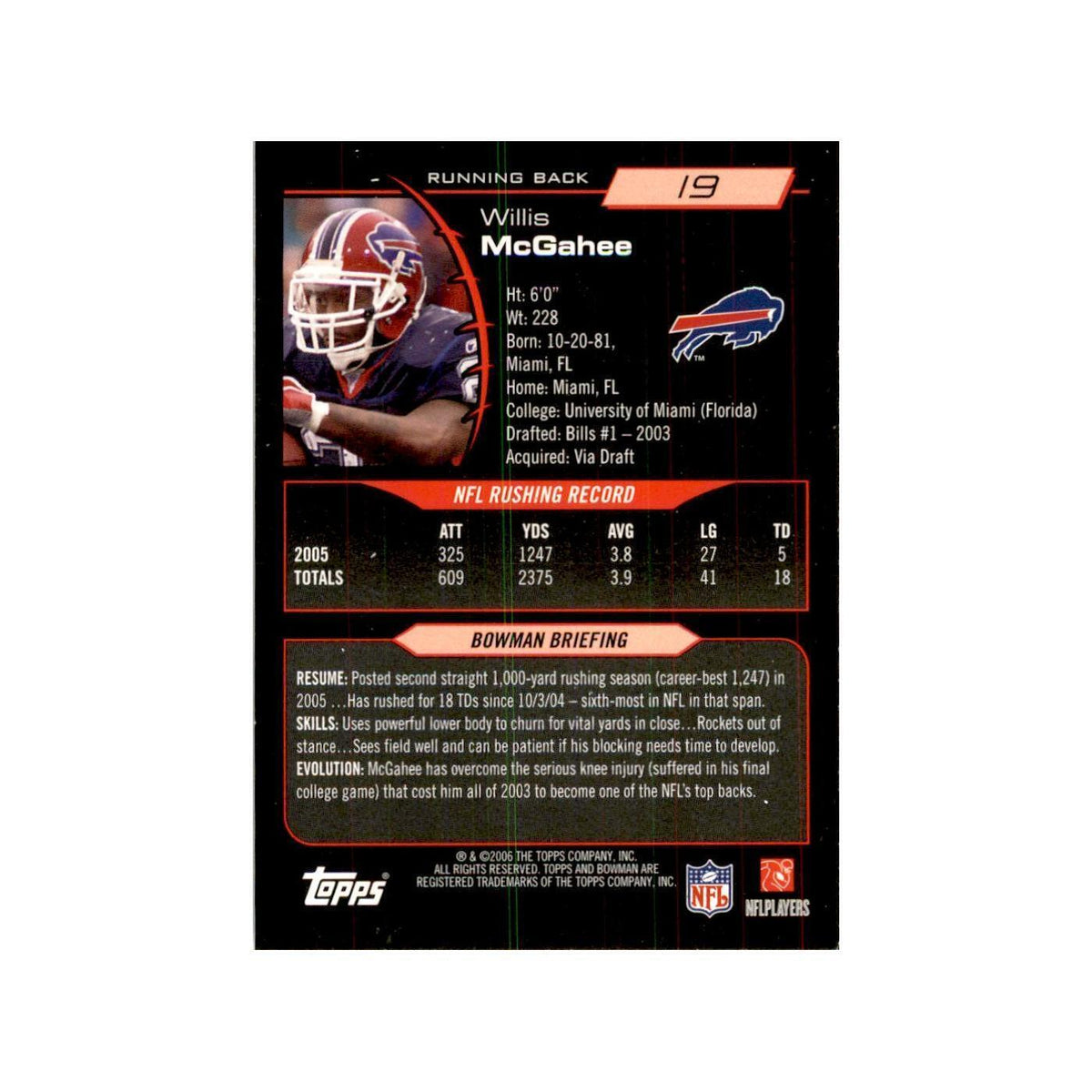 2006 Bowman Willis McGahee Football Cards #19