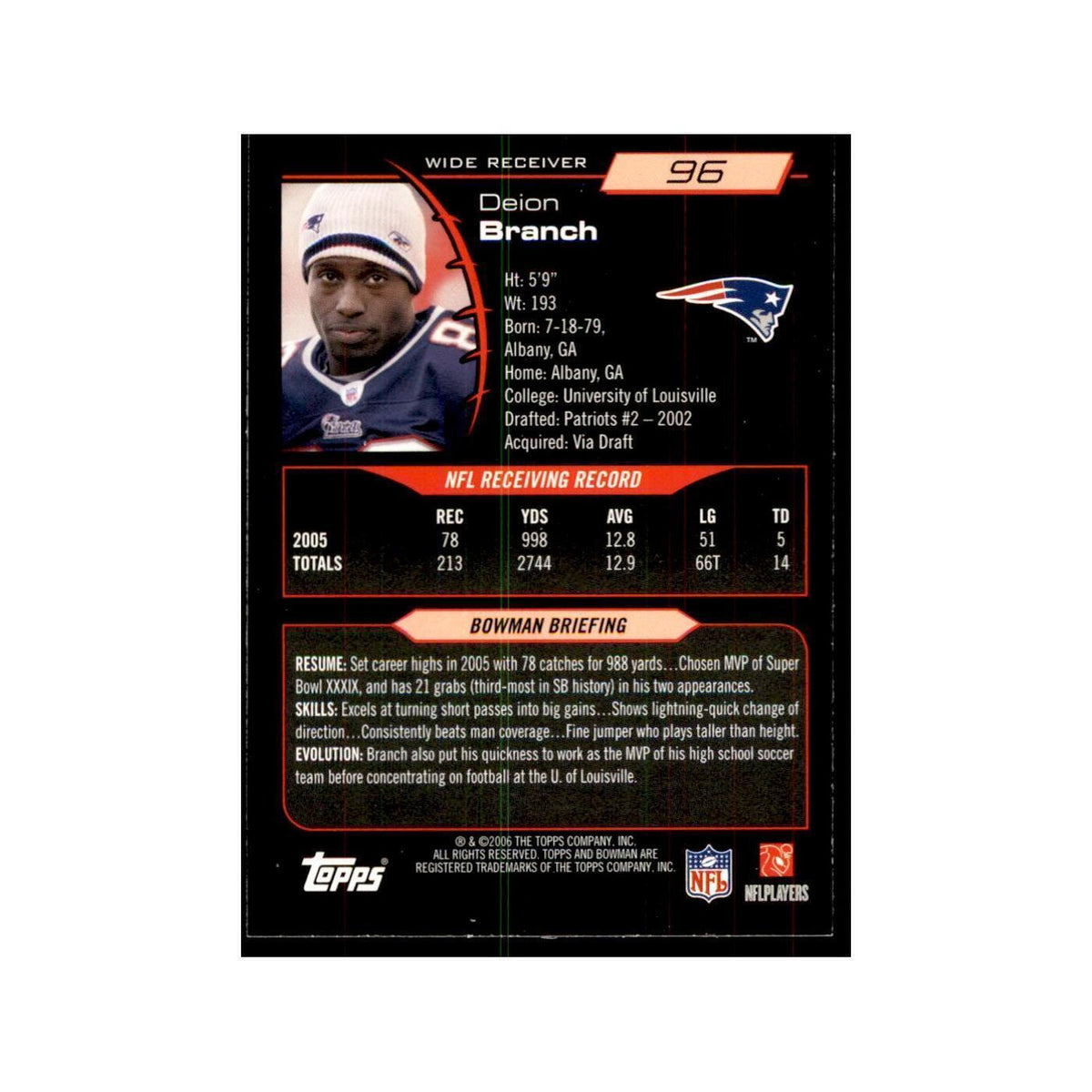 2006 Bowman Deion Branch Football Cards #96