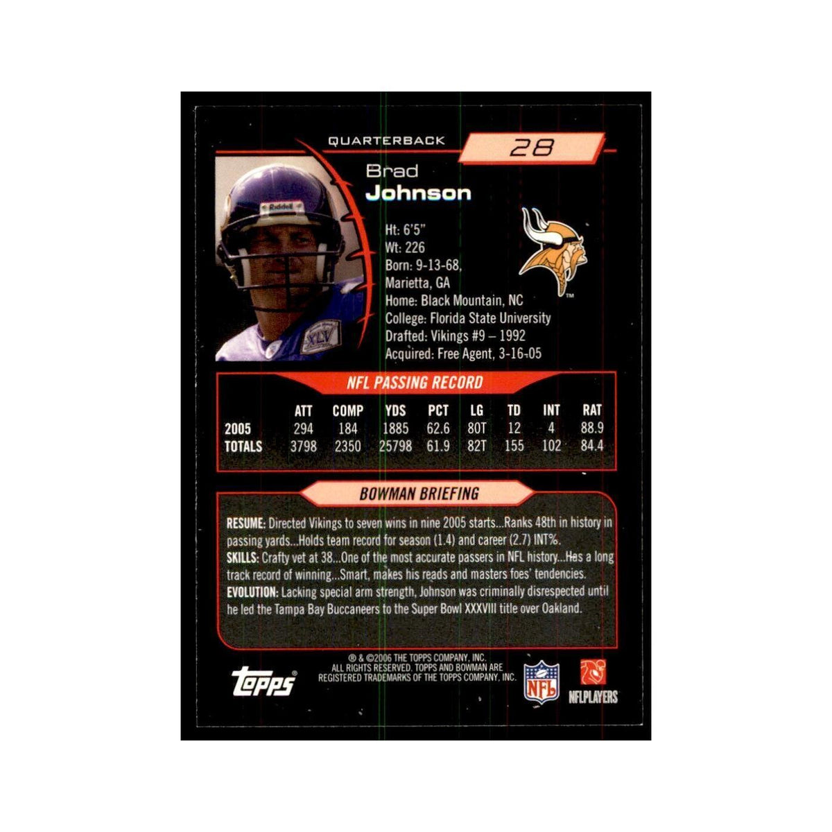2006 Bowman Brad Johnson Football Cards #28