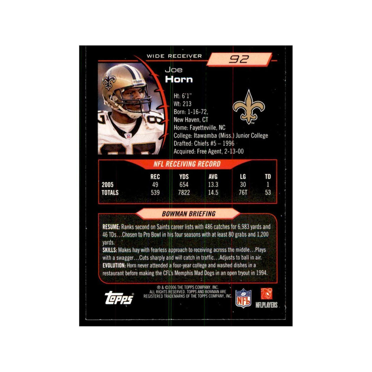 2006 Bowman Joe Horn Football Cards #92