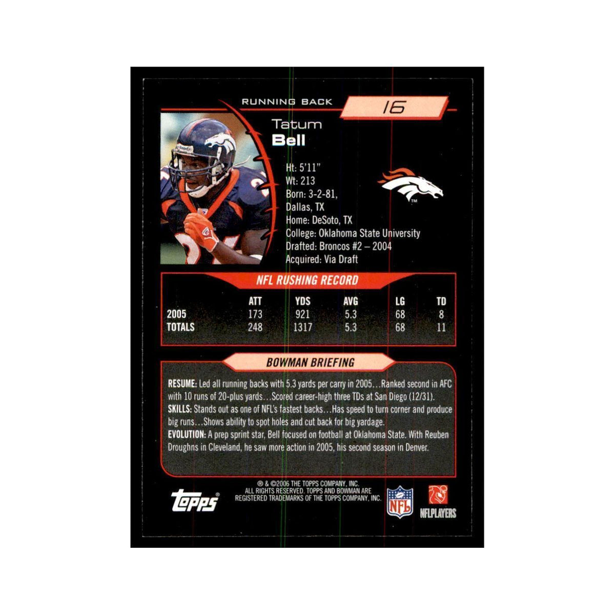 2006 Bowman Tatum Bell Football Cards #16