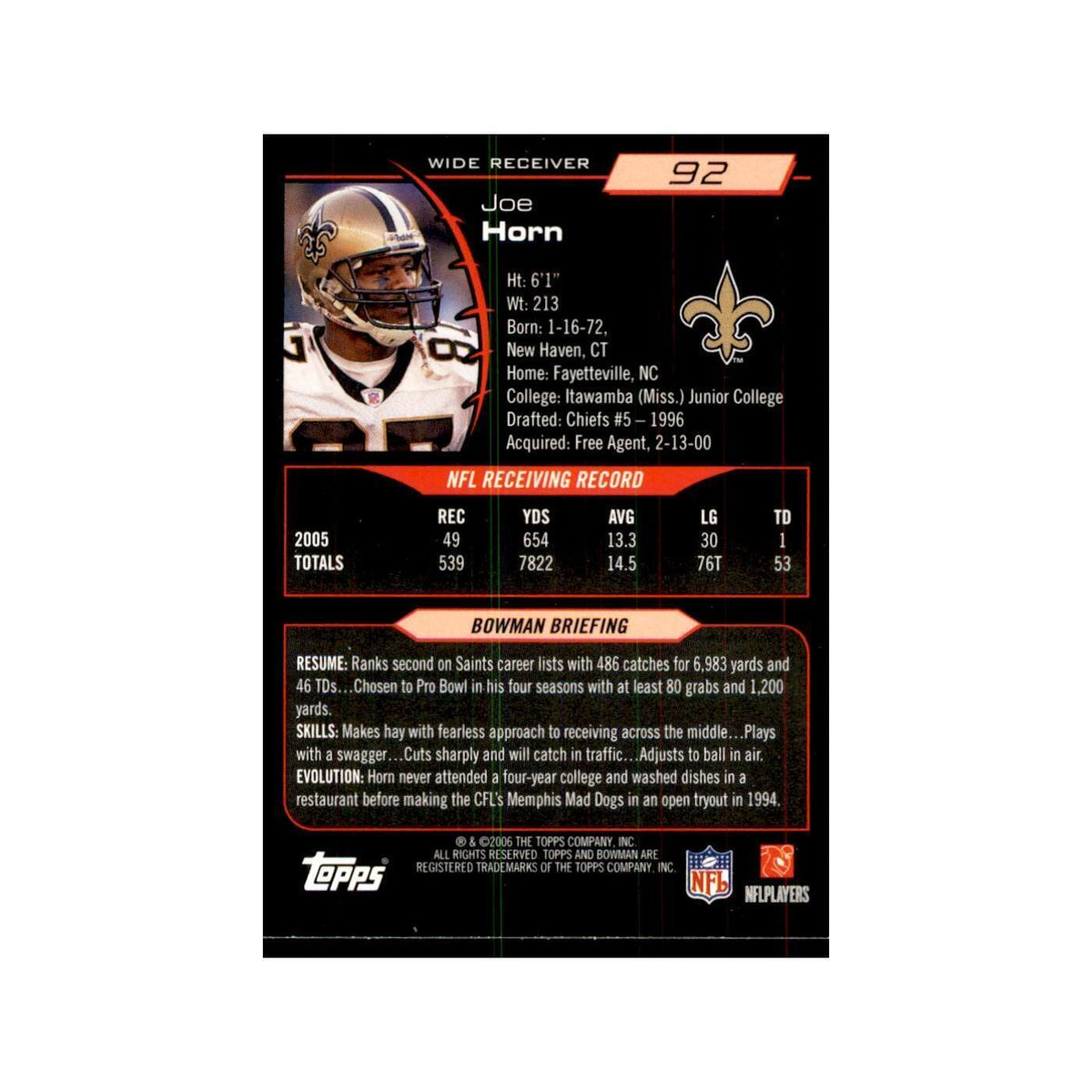 2006 Bowman Joe Horn Football Cards #92