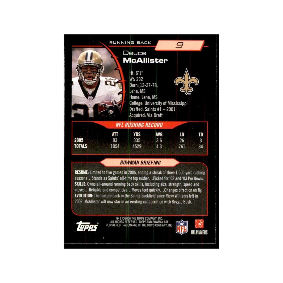 2006 Bowman Deuce McAllister Football Cards #9