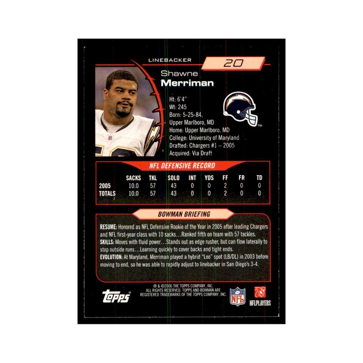 2006 Bowman Shawne Merriman Football Cards #20