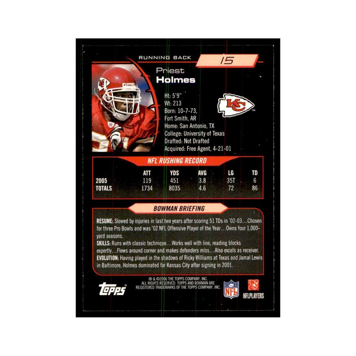 2006 Bowman Priest Holmes Football Cards #15