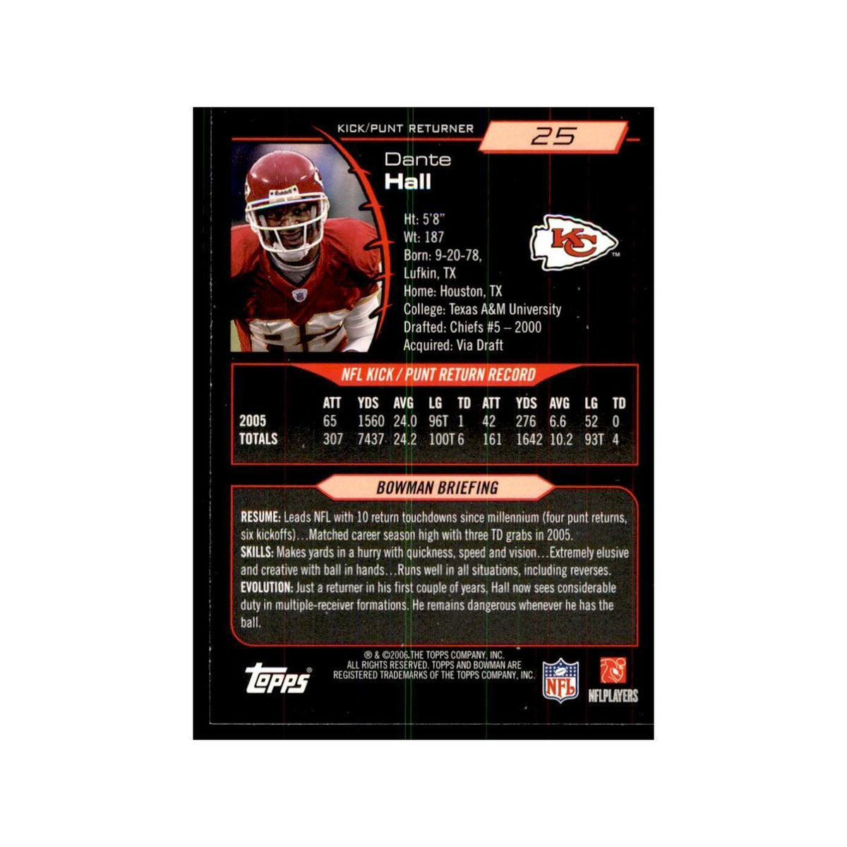 2006 Bowman Dante Hall Football Cards #25