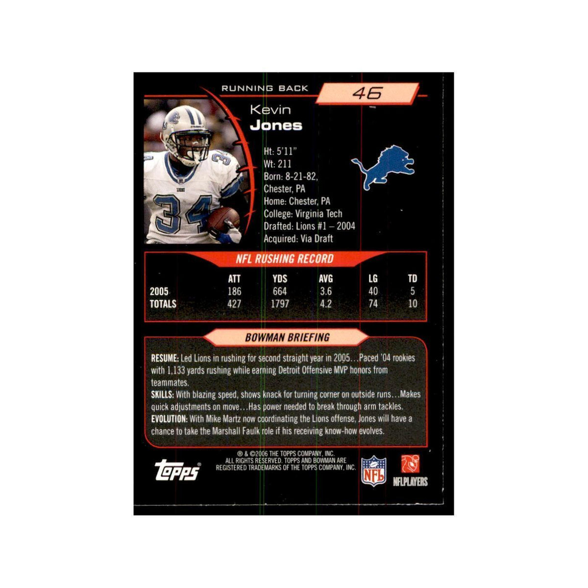 2006 Bowman Kevin Jones Football Cards #46