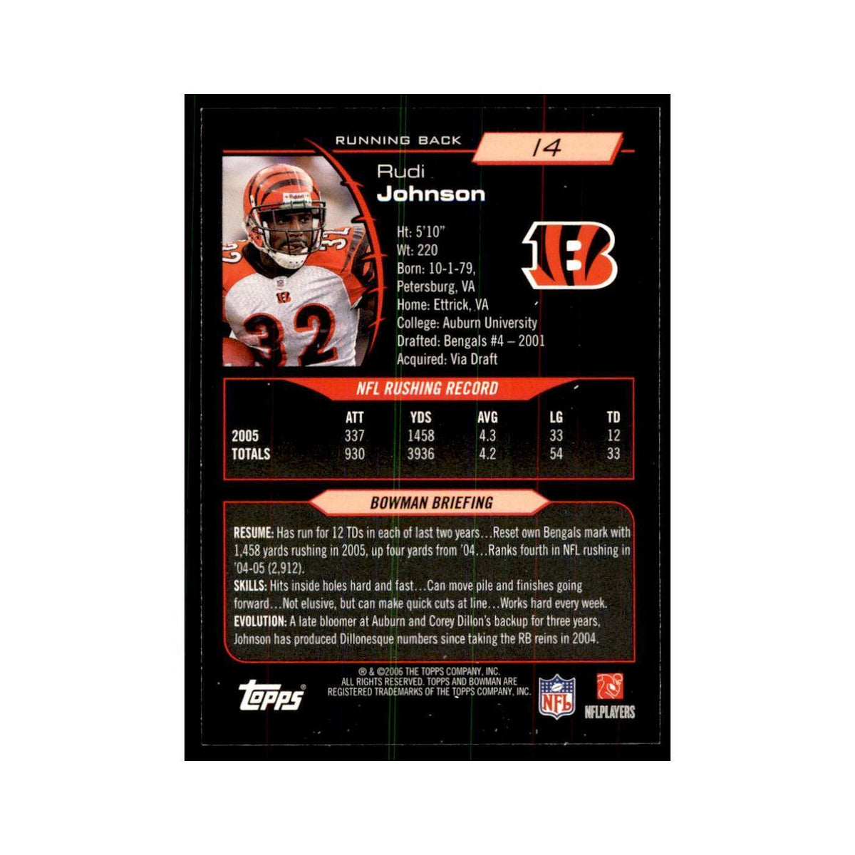 2006 Bowman Rudi Johnson Football Cards #14
