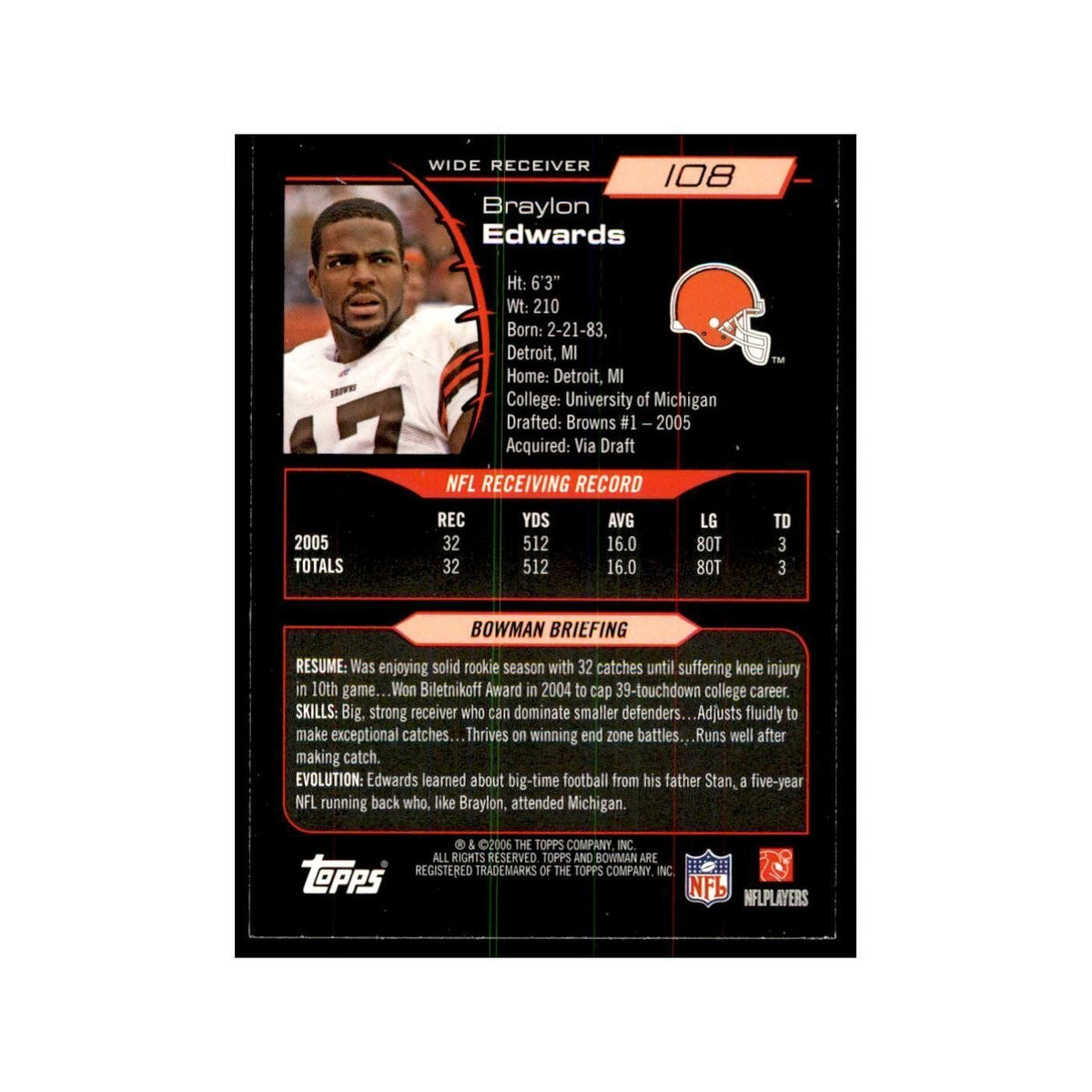 2006 Bowman Braylon Edwards Football Cards #108