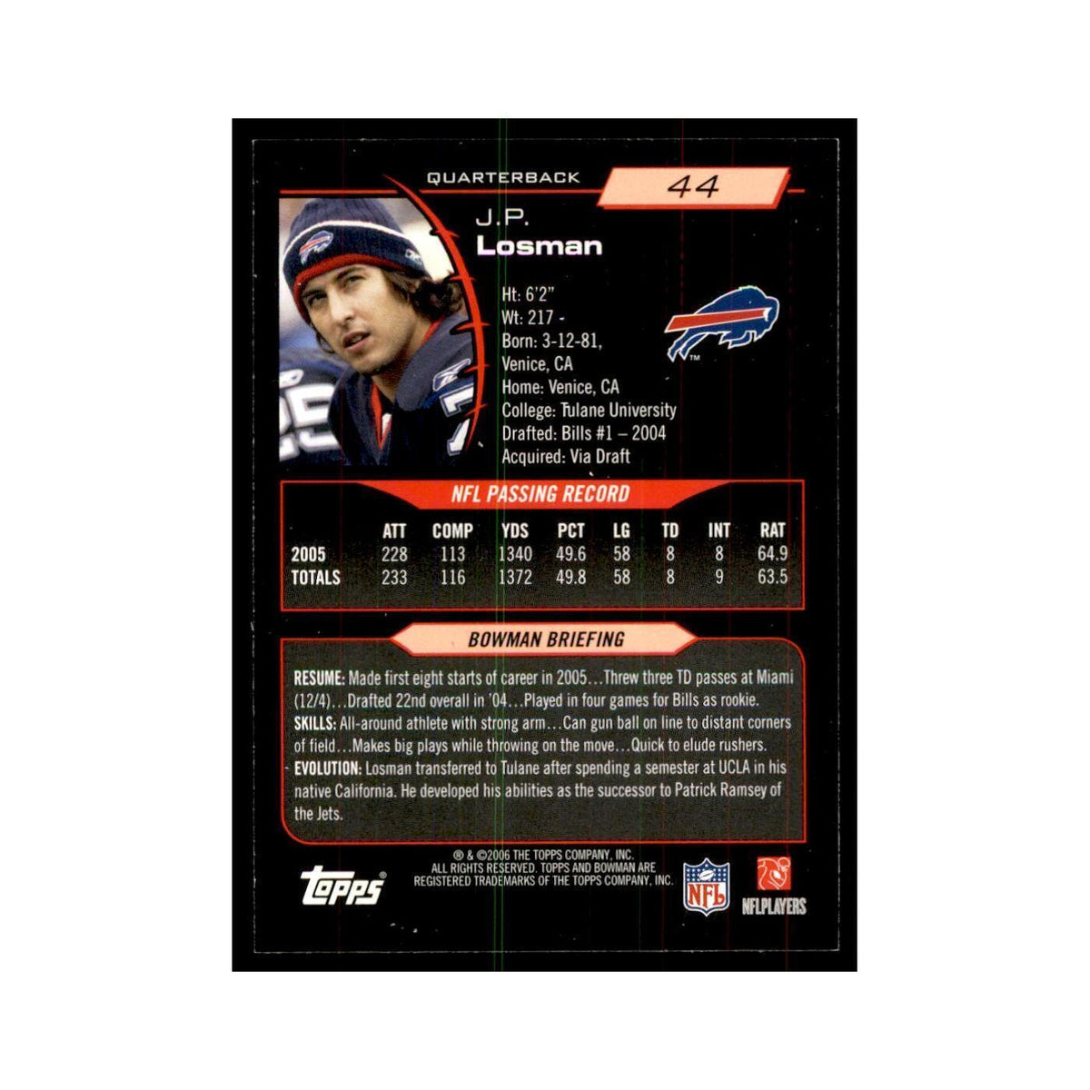 2006 Bowman J.P. Losman Football Cards #44