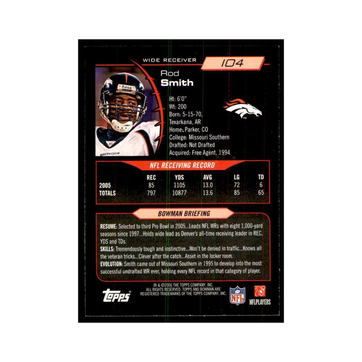 2006 Bowman Rod Smith Football Cards #104