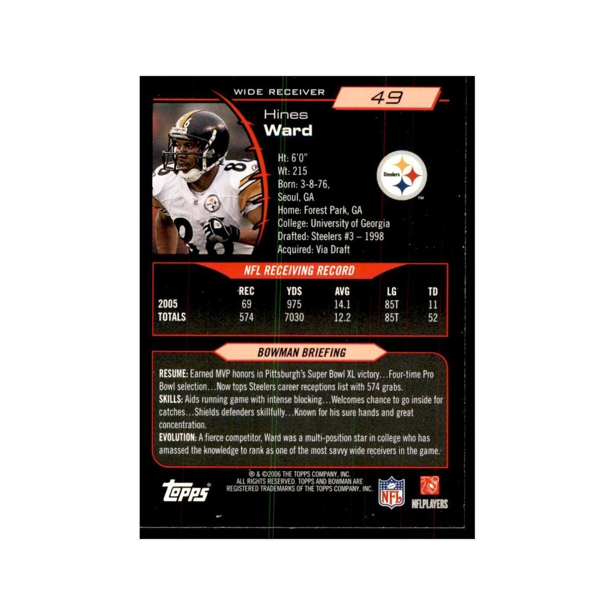 2006 Bowman Hines Ward Football Cards #49