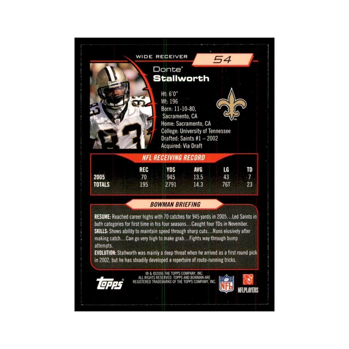 2006 Bowman Donte Stallworth Football Cards #54
