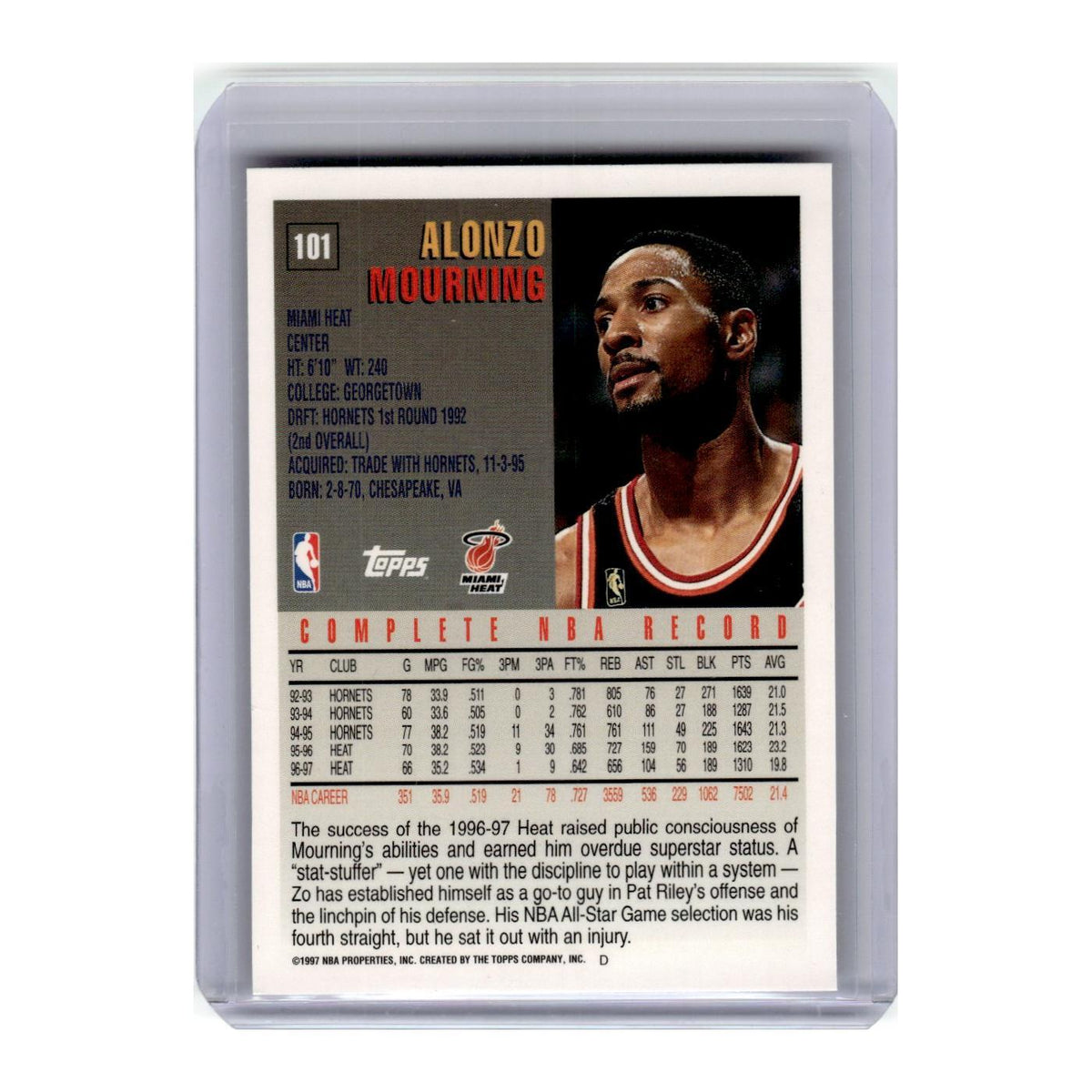 1997 Topps Alonzo Mourning Heat #101