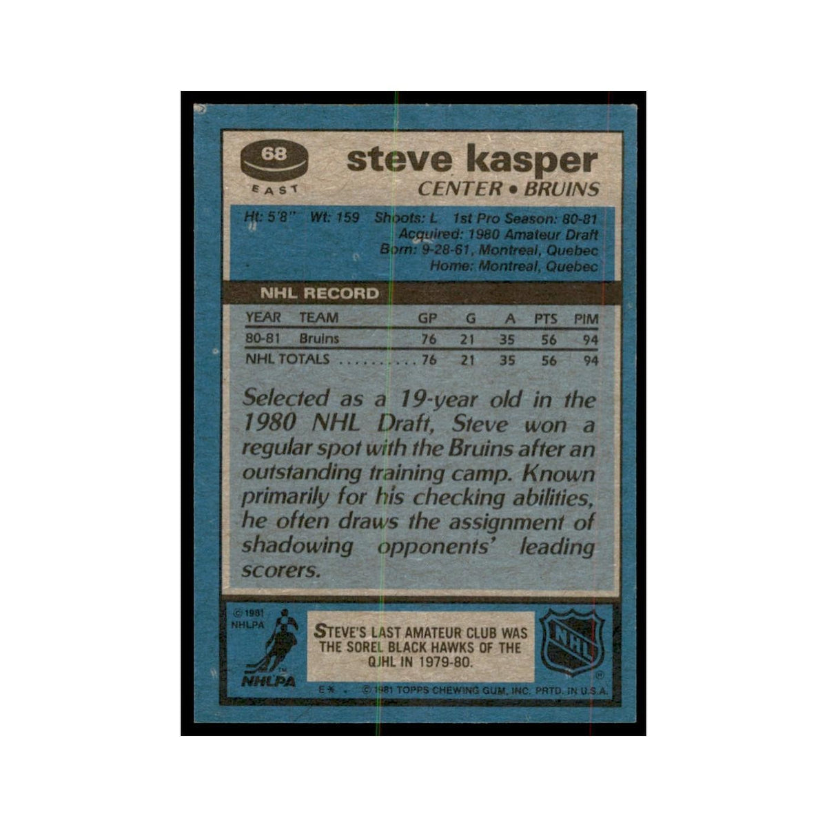 1981 Topps Steve Kasper Hockey Cards #E68