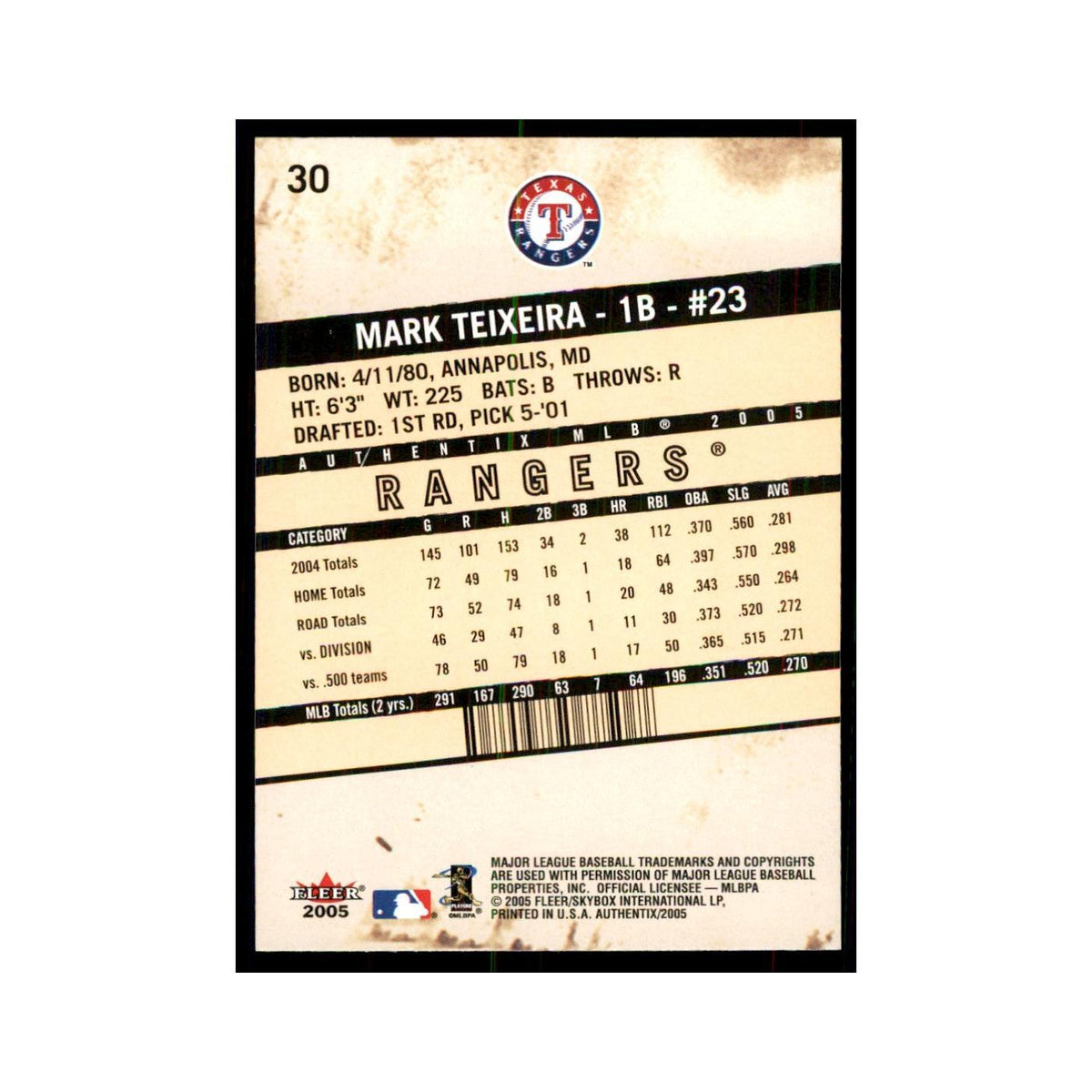 2005 Fleer Authentix Mark Teixeira Rangers #30