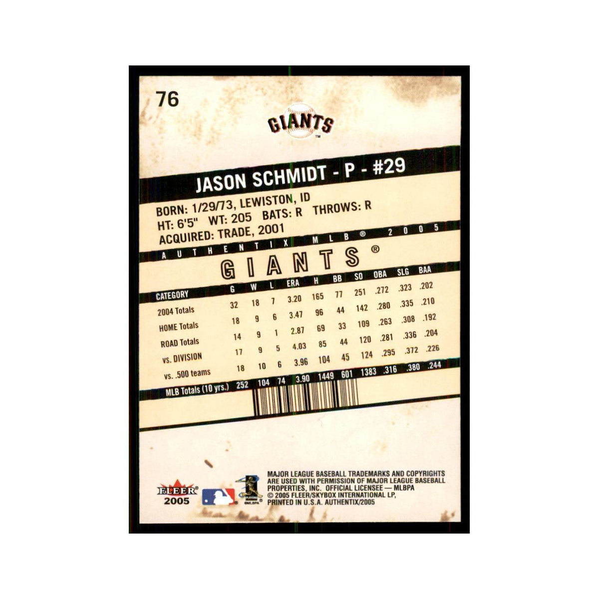 2005 Fleer Authentix Jason Schmidt Giants #76