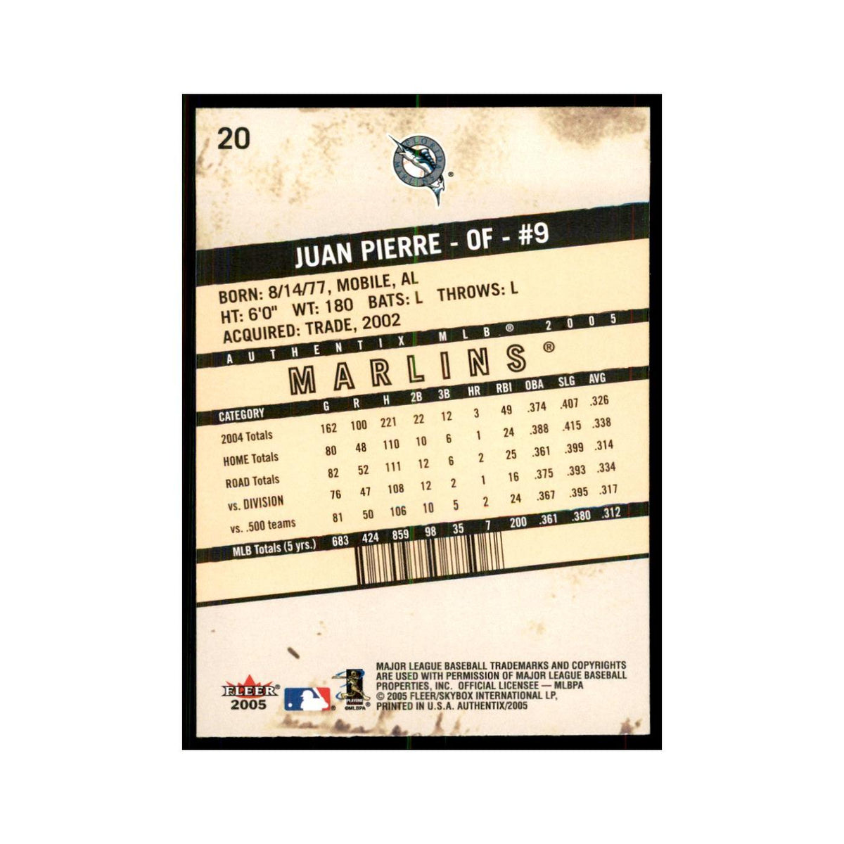 2005 Fleer Authentix Juan Pierre Florida Marlins #20