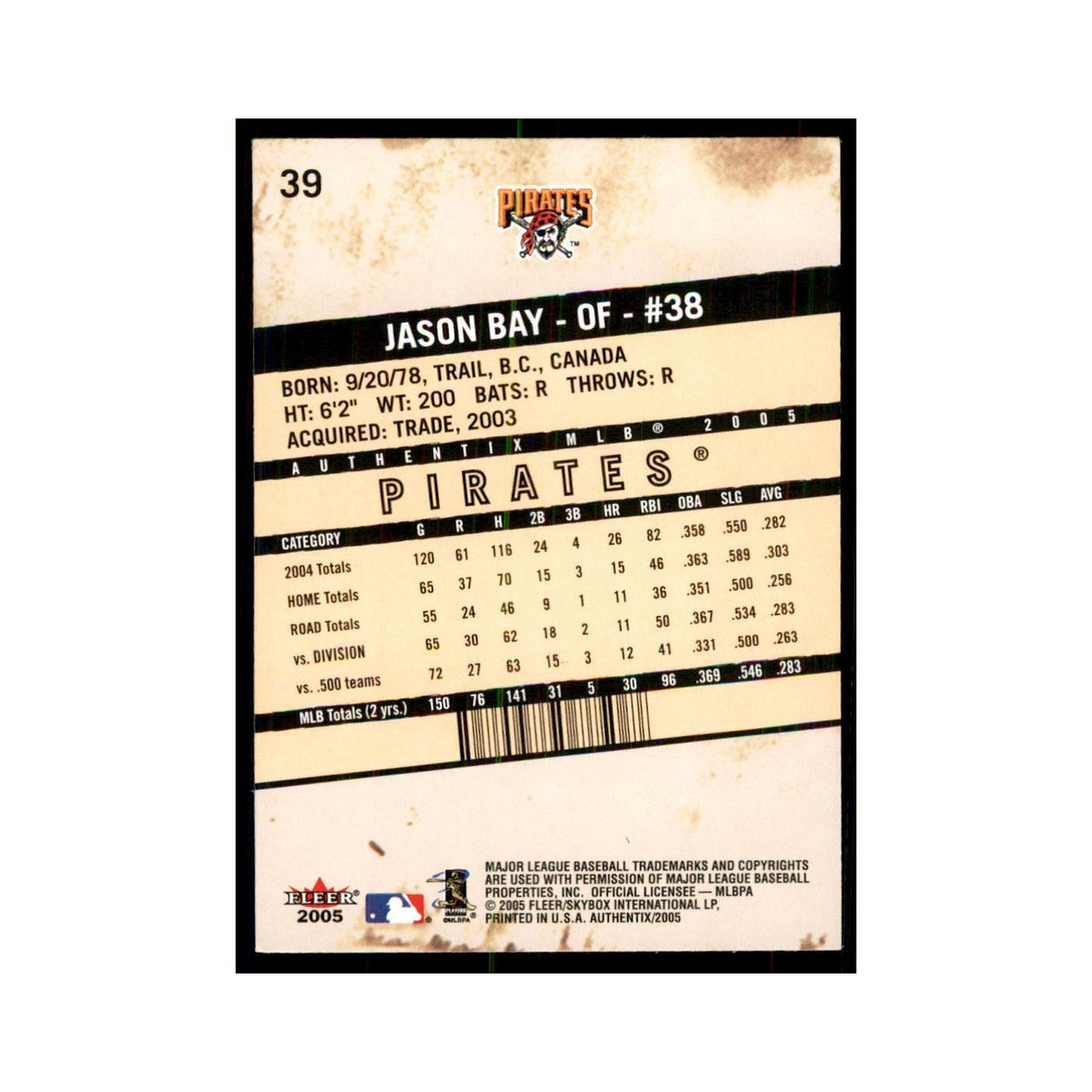 2005 Fleer Authentix Jason Bay Pirates #39
