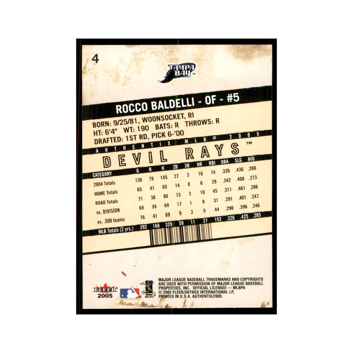 2005 Fleer Authentix Rocco Baldelli Rays #4