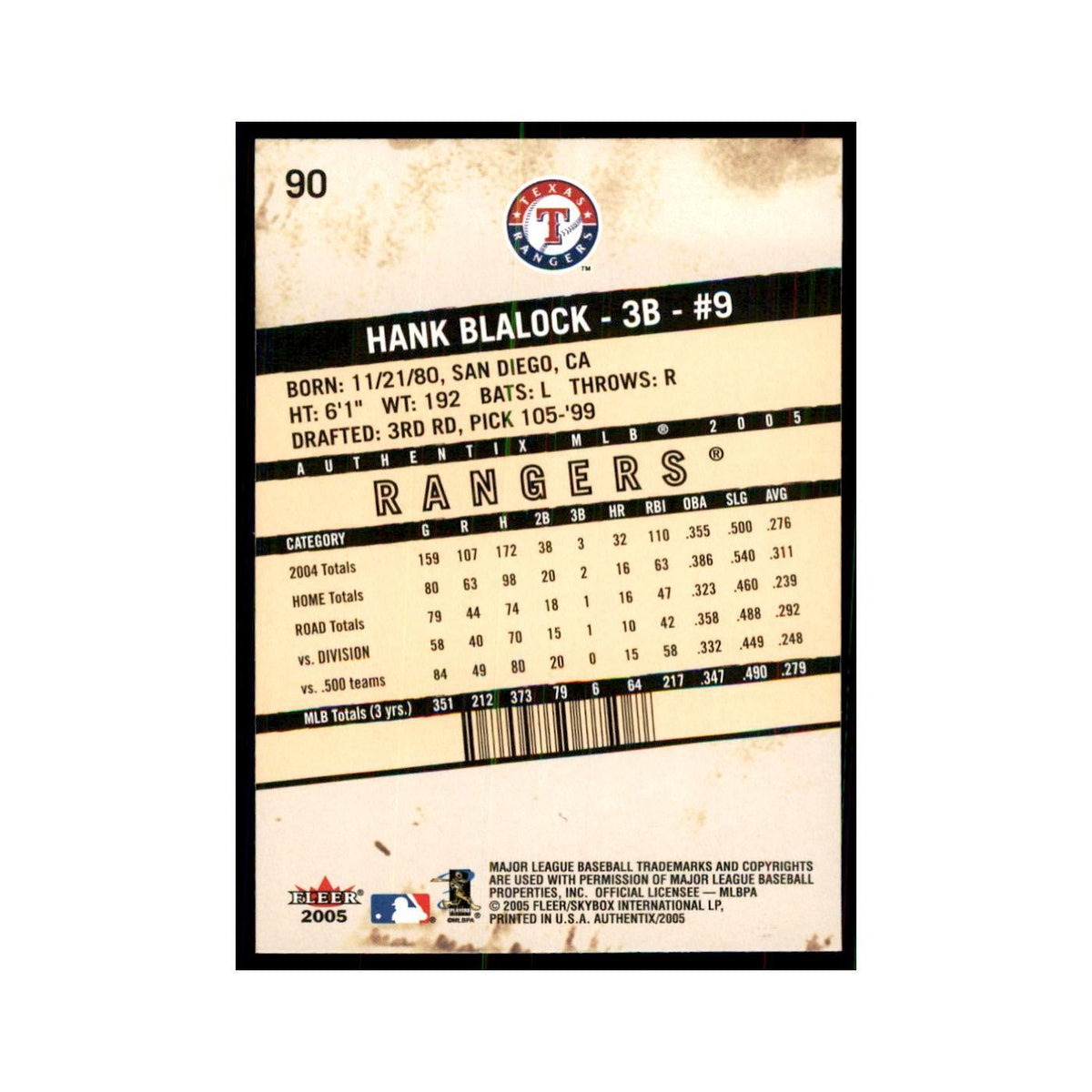 2005 Fleer Authentix Hank Blalock Rangers #90
