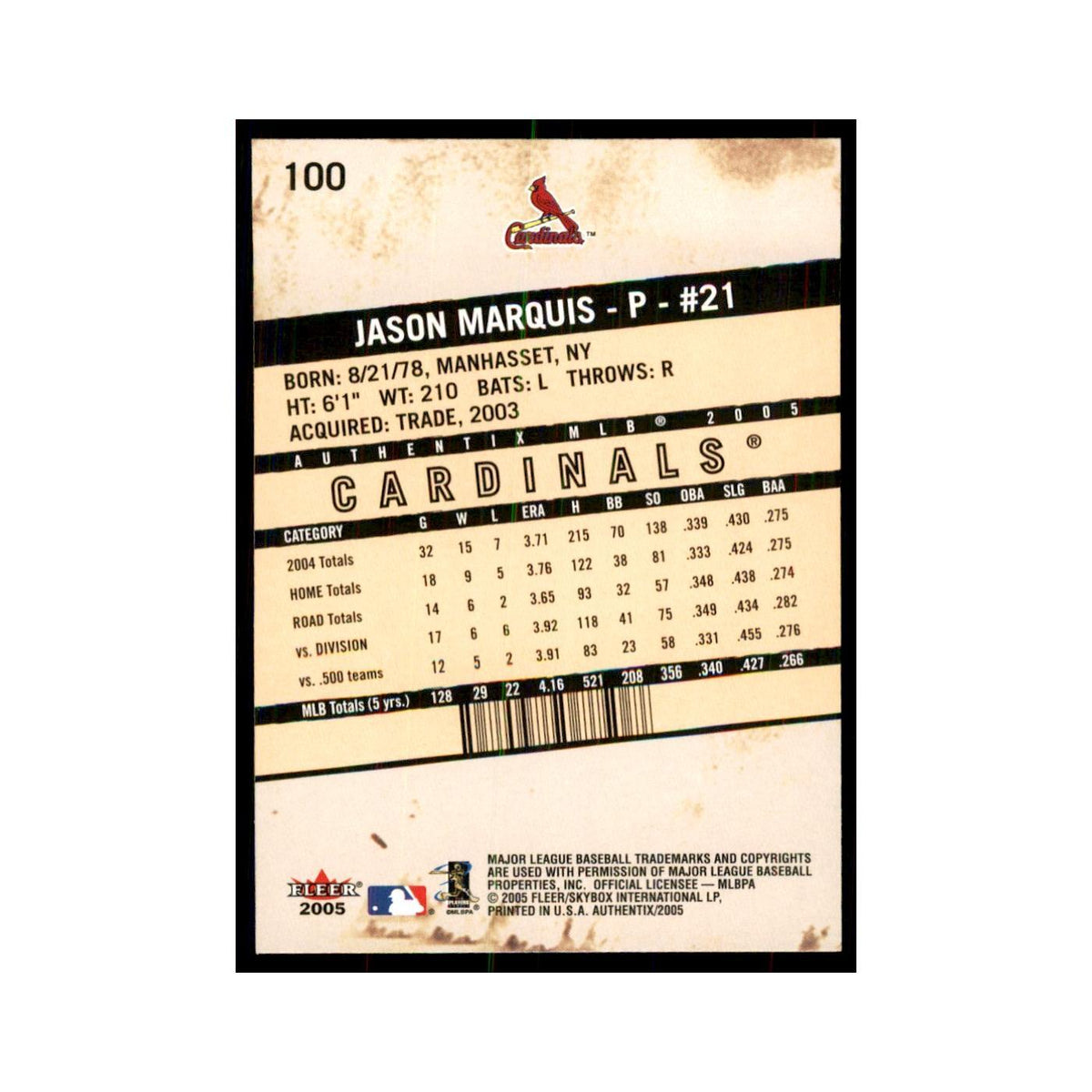 2005 Fleer Authentix Jason Marquis Cardinals #100