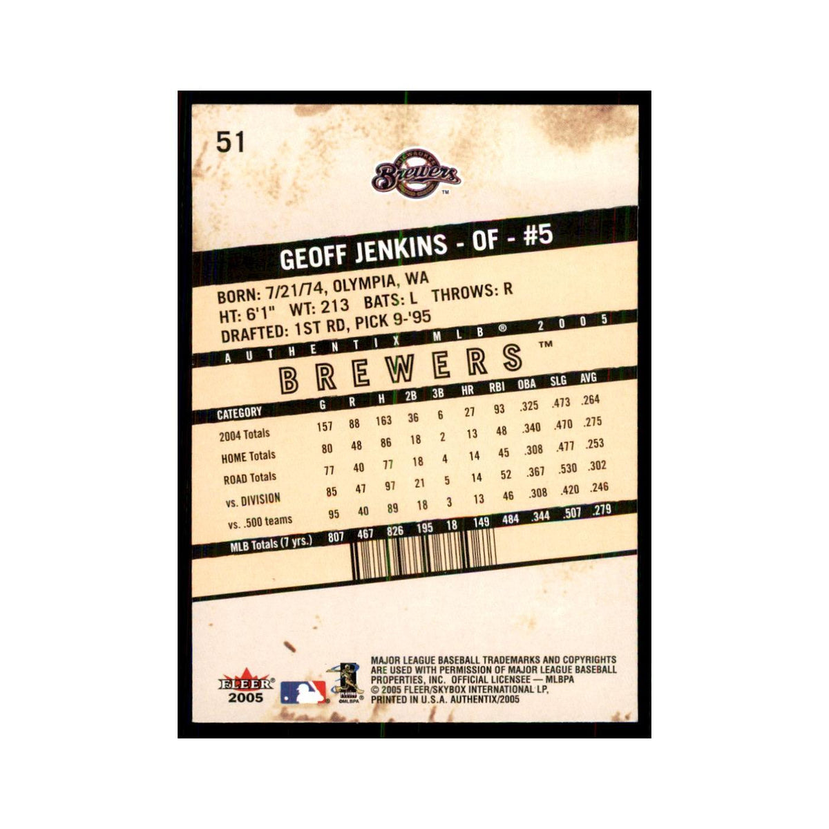 2005 Fleer Authentix Geoff Jenkins Brewers #51
