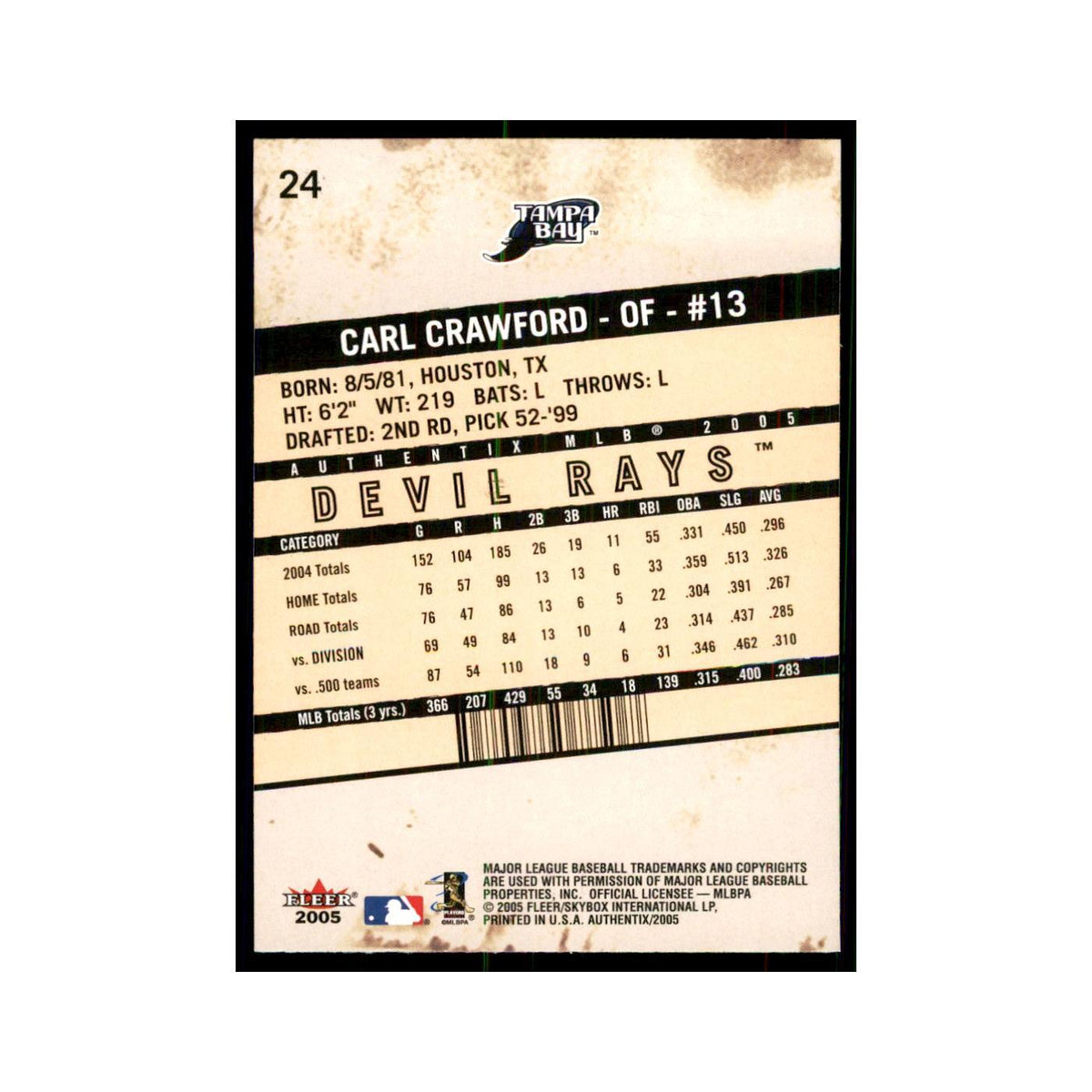2005 Fleer Authentix Carl Crawford Rays #24