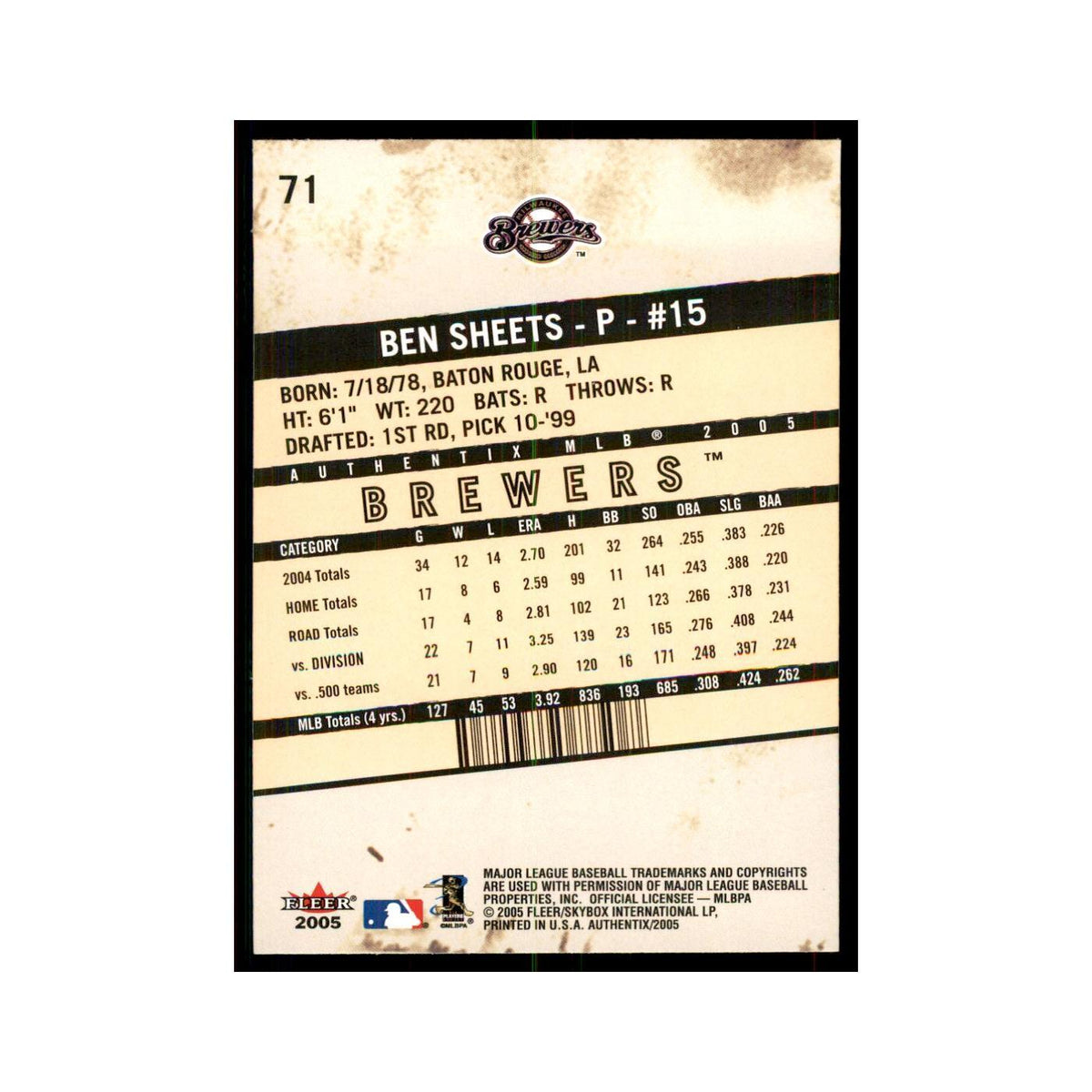 2005 Fleer Authentix Ben Sheets Brewers #71
