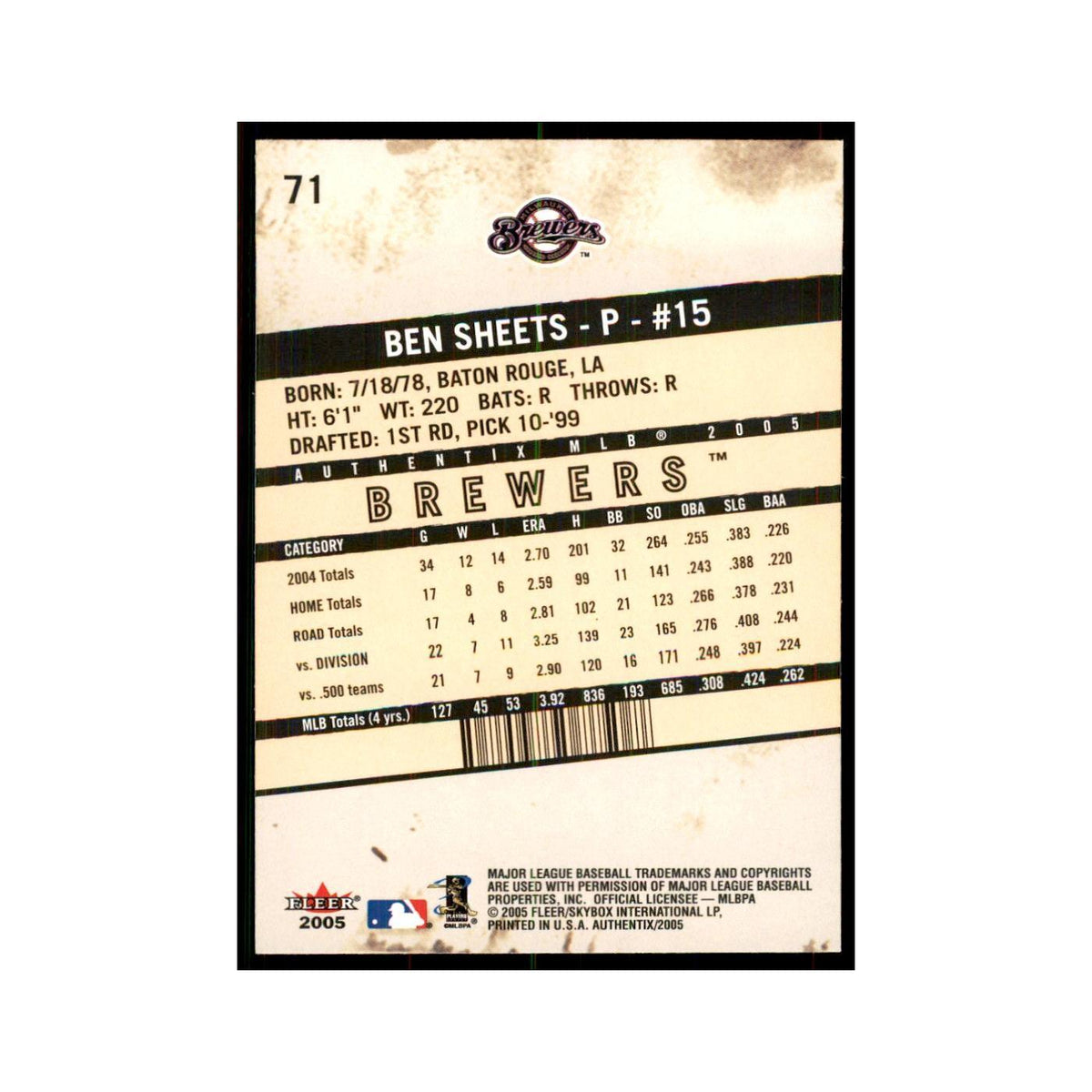 2005 Fleer Authentix Ben Sheets Brewers #71