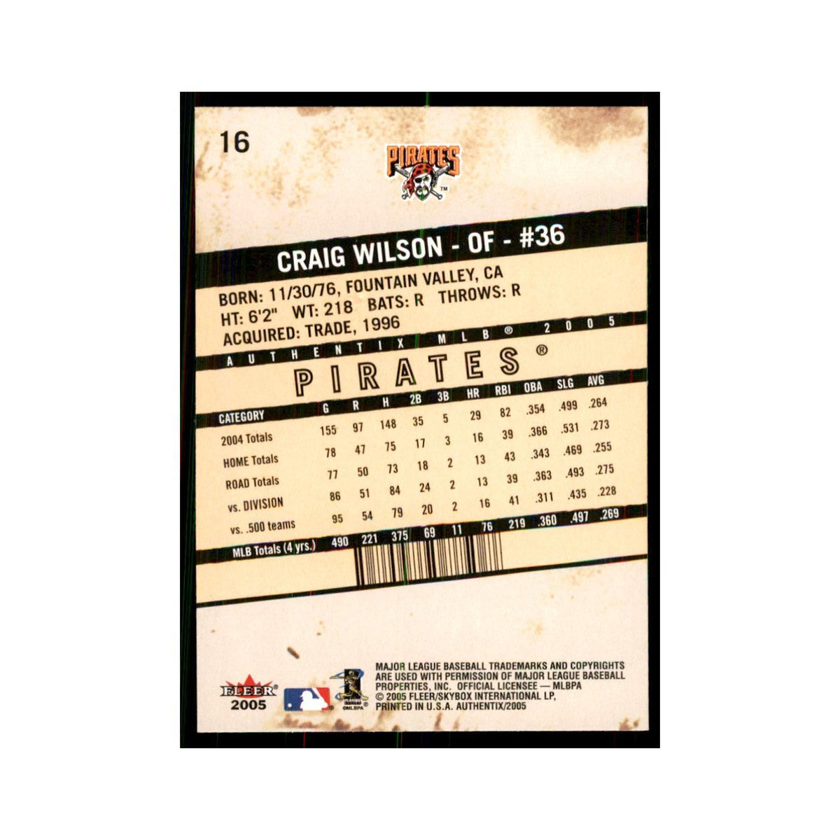 2005 Fleer Authentix Craig Wilson Pirates #16