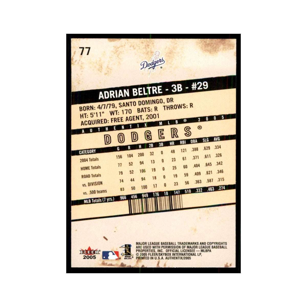 2005 Fleer Authentix Adrian Beltre Dodgers #77