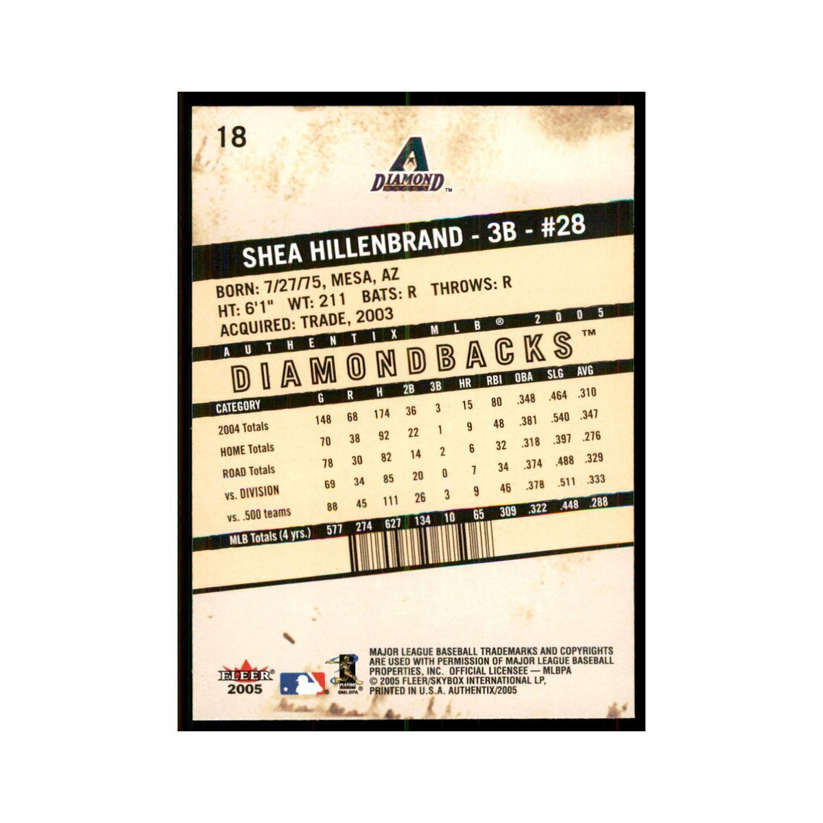 2005 Fleer Authentix Shea Hillenbrand Diamondbacks #18