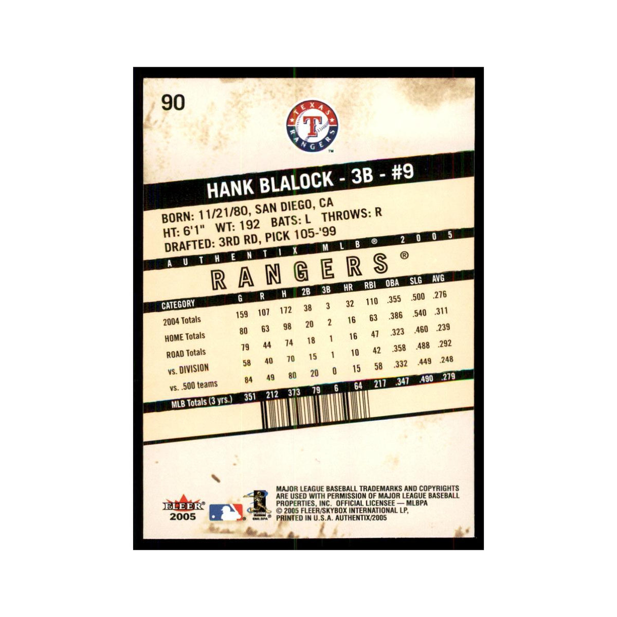 2005 Fleer Authentix Hank Blalock Rangers #90