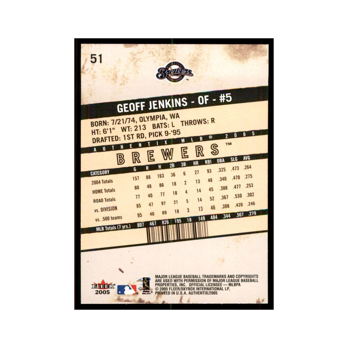2005 Fleer Authentix Geoff Jenkins Brewers #51