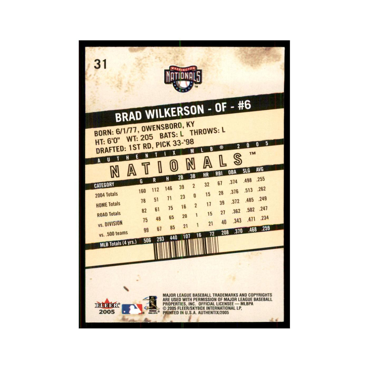2005 Fleer Authentix Brad Wilkerson Nationals #31
