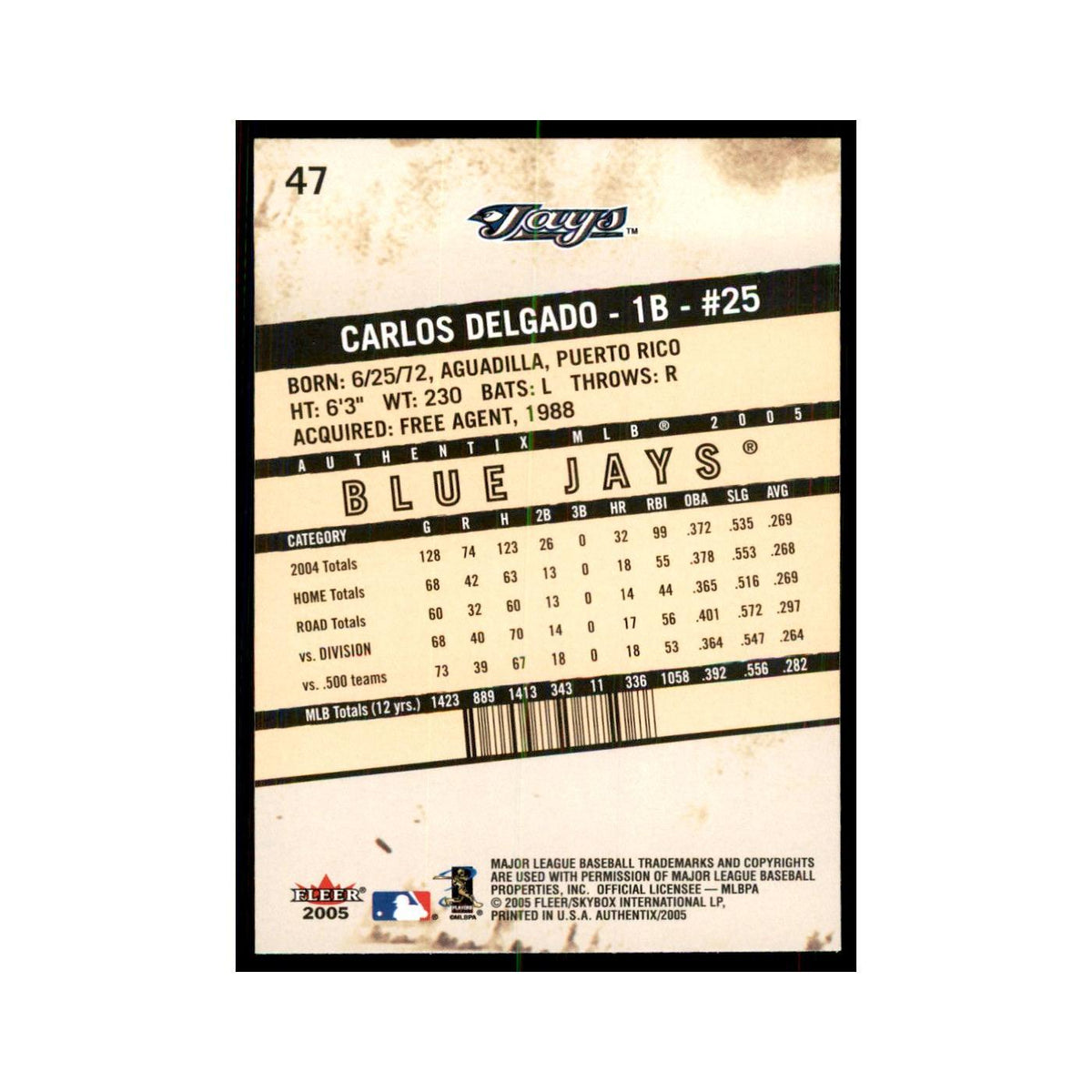 2005 Fleer Authentix Carlos Delgado Blue Jays #47