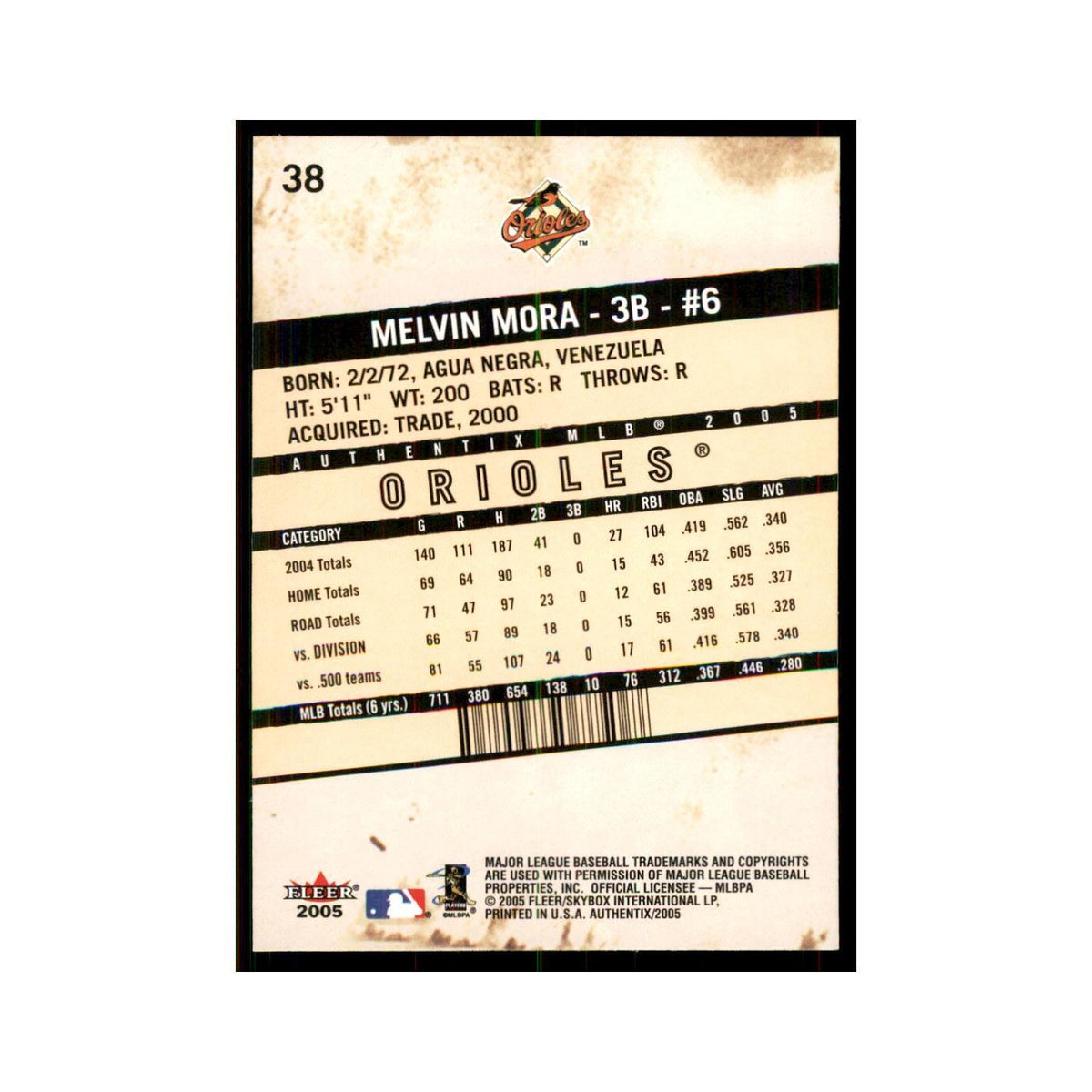 2005 Fleer Authentix Melvin Mora Orioles #38