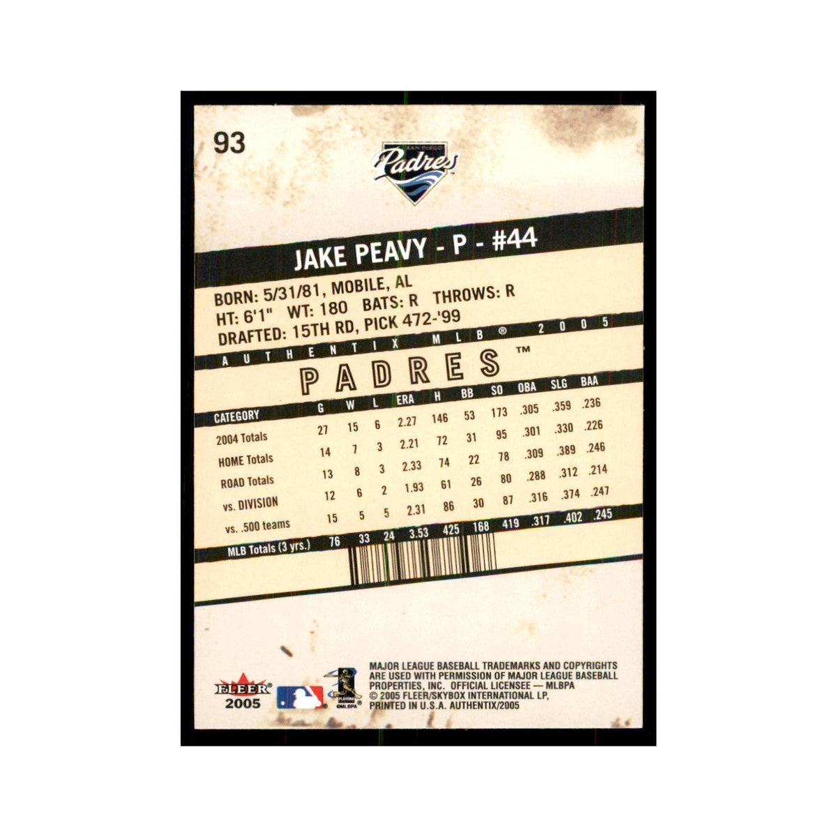 2005 Fleer Authentix Jake Peavy Padres #93