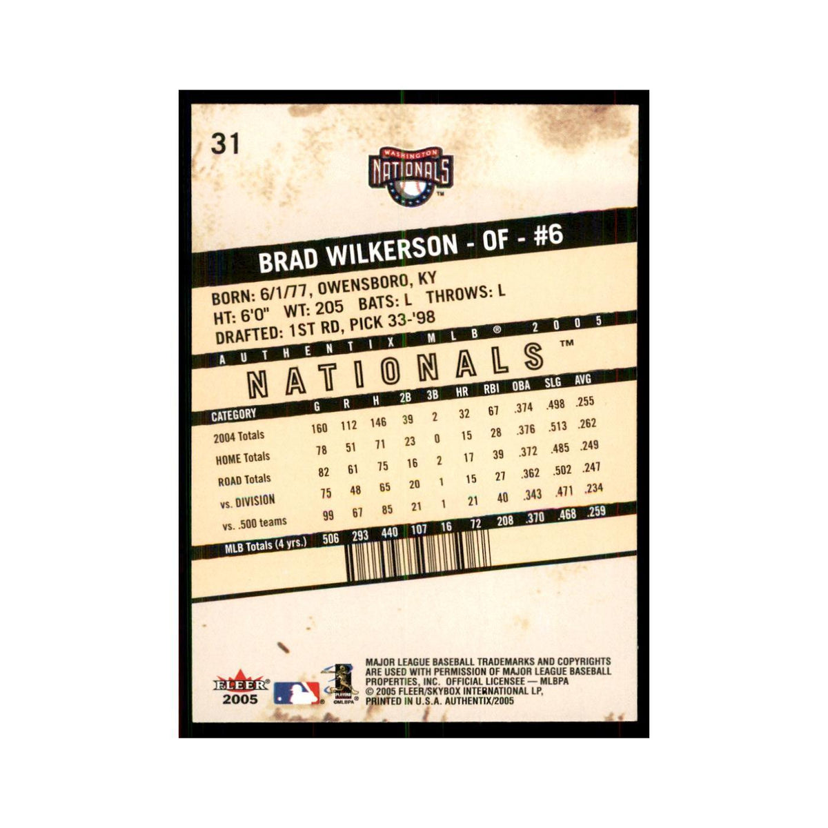 2005 Fleer Authentix Brad Wilkerson Nationals #31