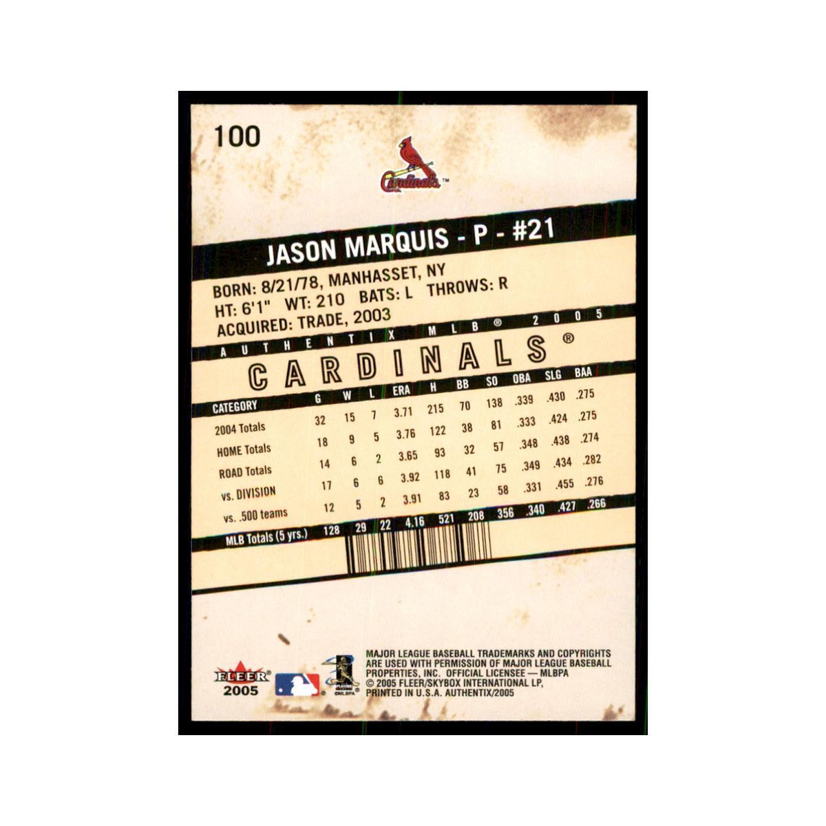 2005 Fleer Authentix Jason Marquis Cardinals #100
