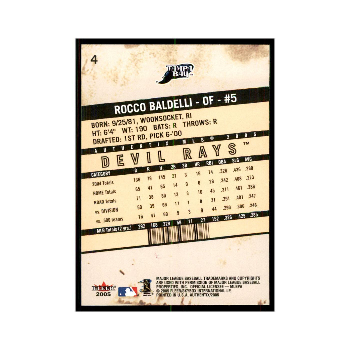 2005 Fleer Authentix Rocco Baldelli Rays #4