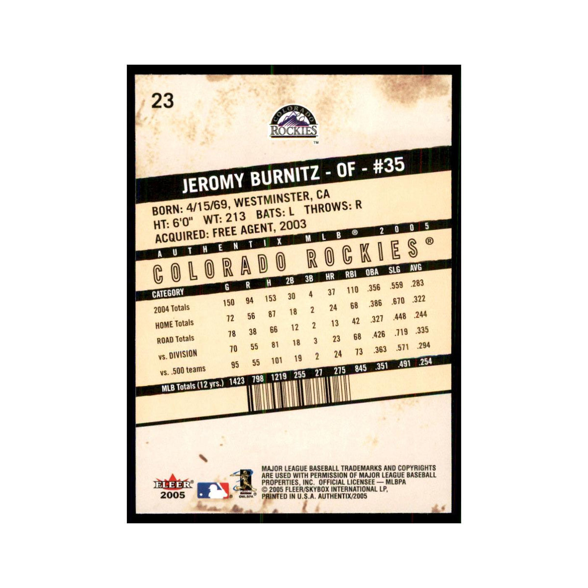2005 Fleer Authentix Jeromy Burnitz Rockies #23