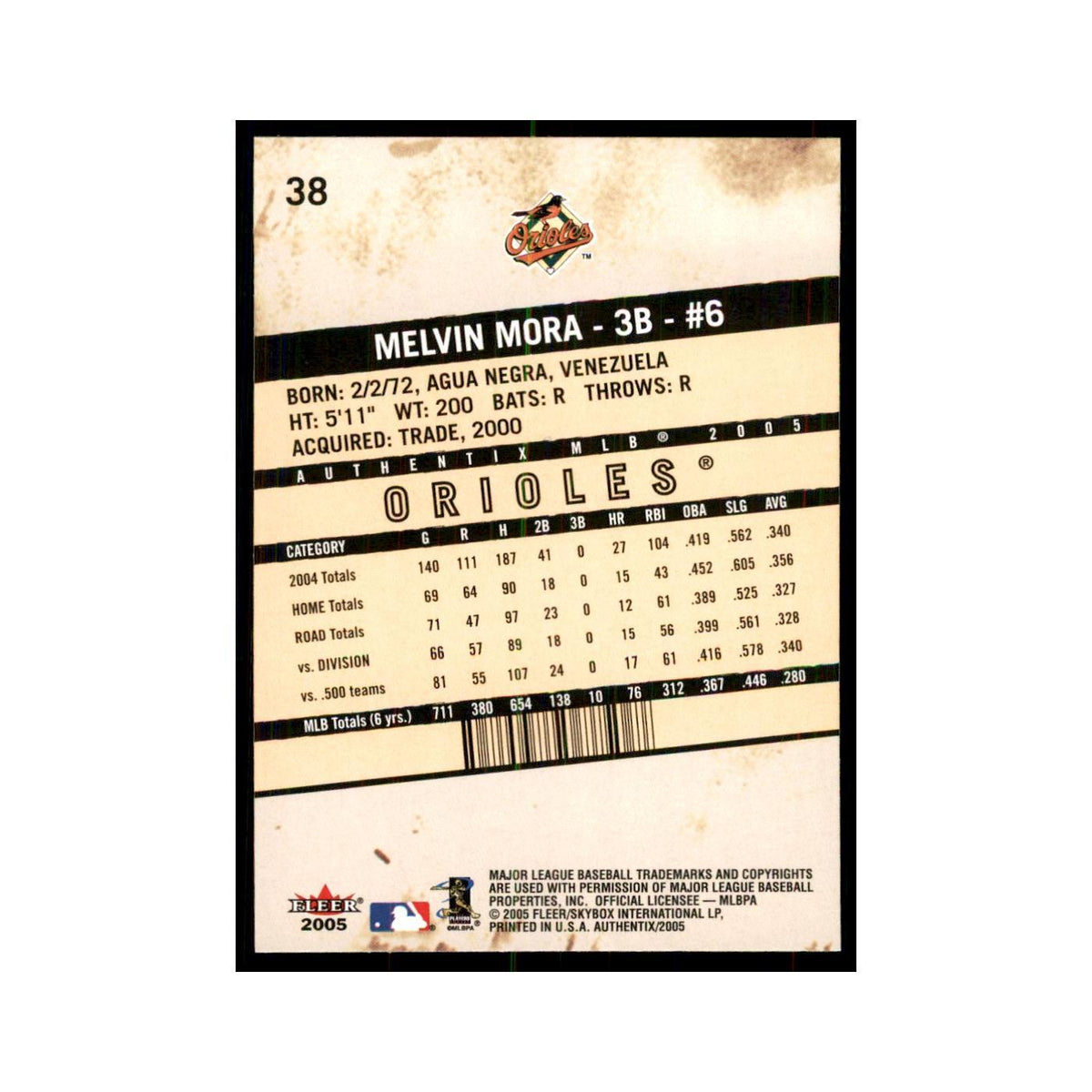 2005 Fleer Authentix Melvin Mora Orioles #38