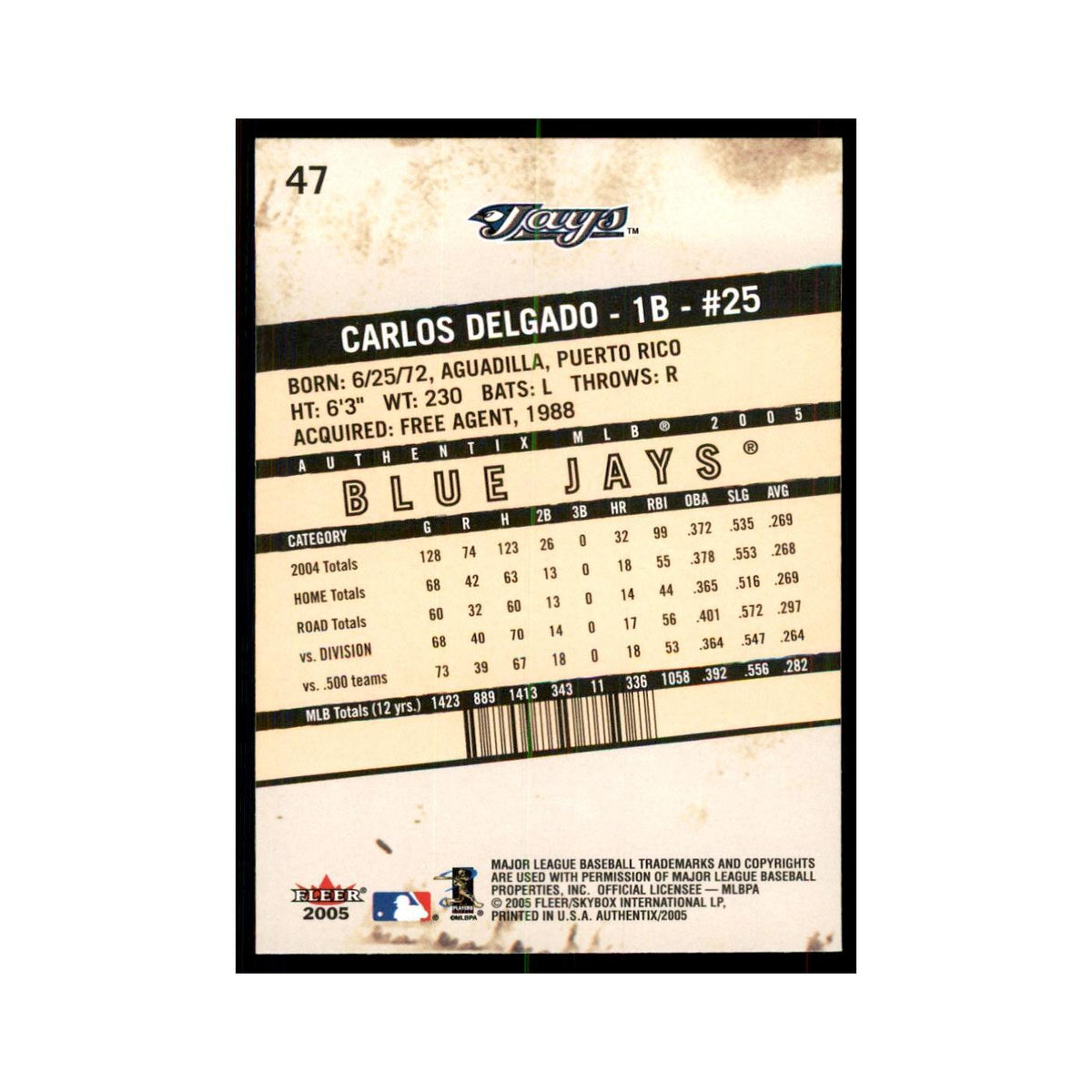 2005 Fleer Authentix Carlos Delgado Blue Jays #47