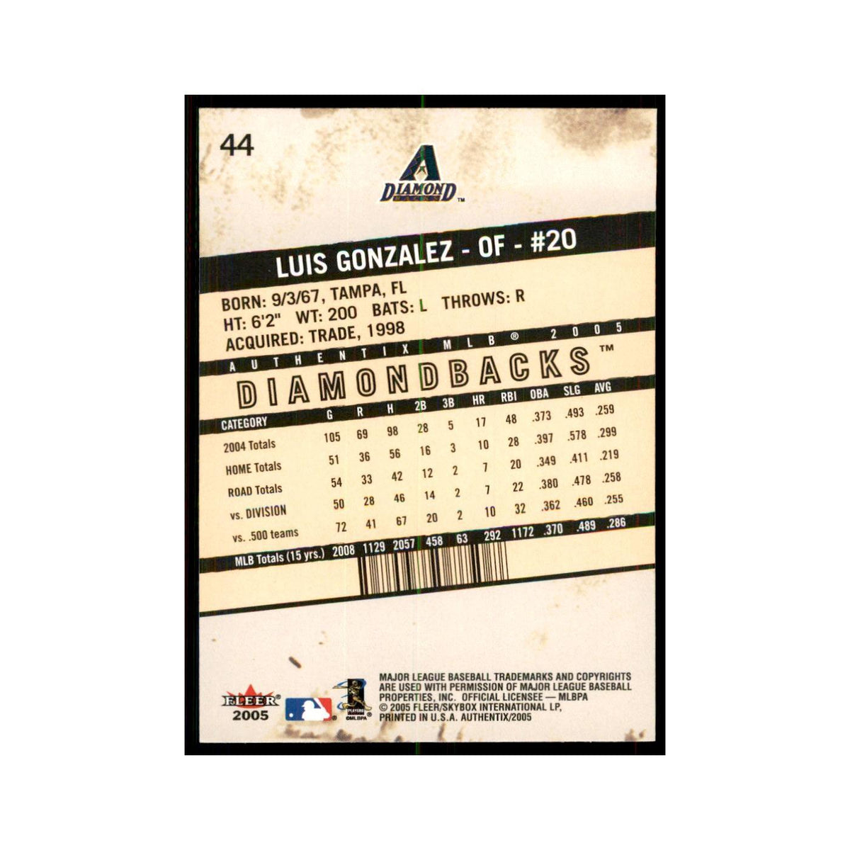 2005 Fleer Authentix Luis Gonzalez Diamondbacks #44